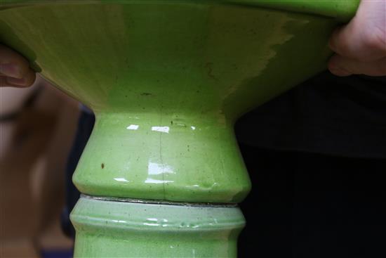 A Victorian Staffordshire green glazed jardiniere on a green pedestal H.89cm